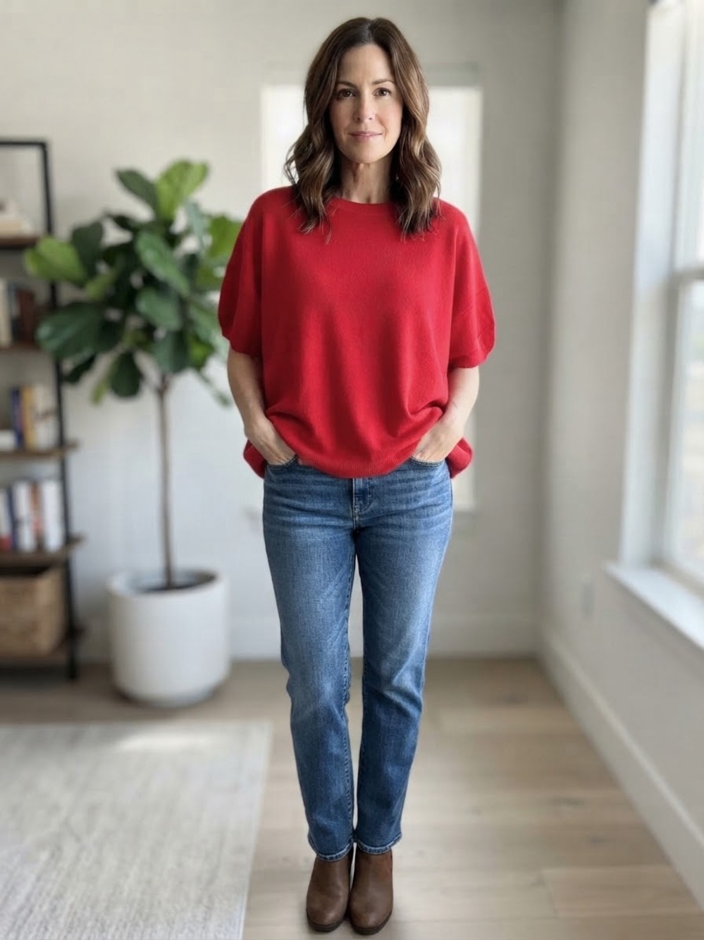 Liz Baker Petite Red Short Sleeve Crewneck Knit Sweater Top XL